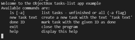 Output of the task list C++ app - an example of the ObjectBox database in use